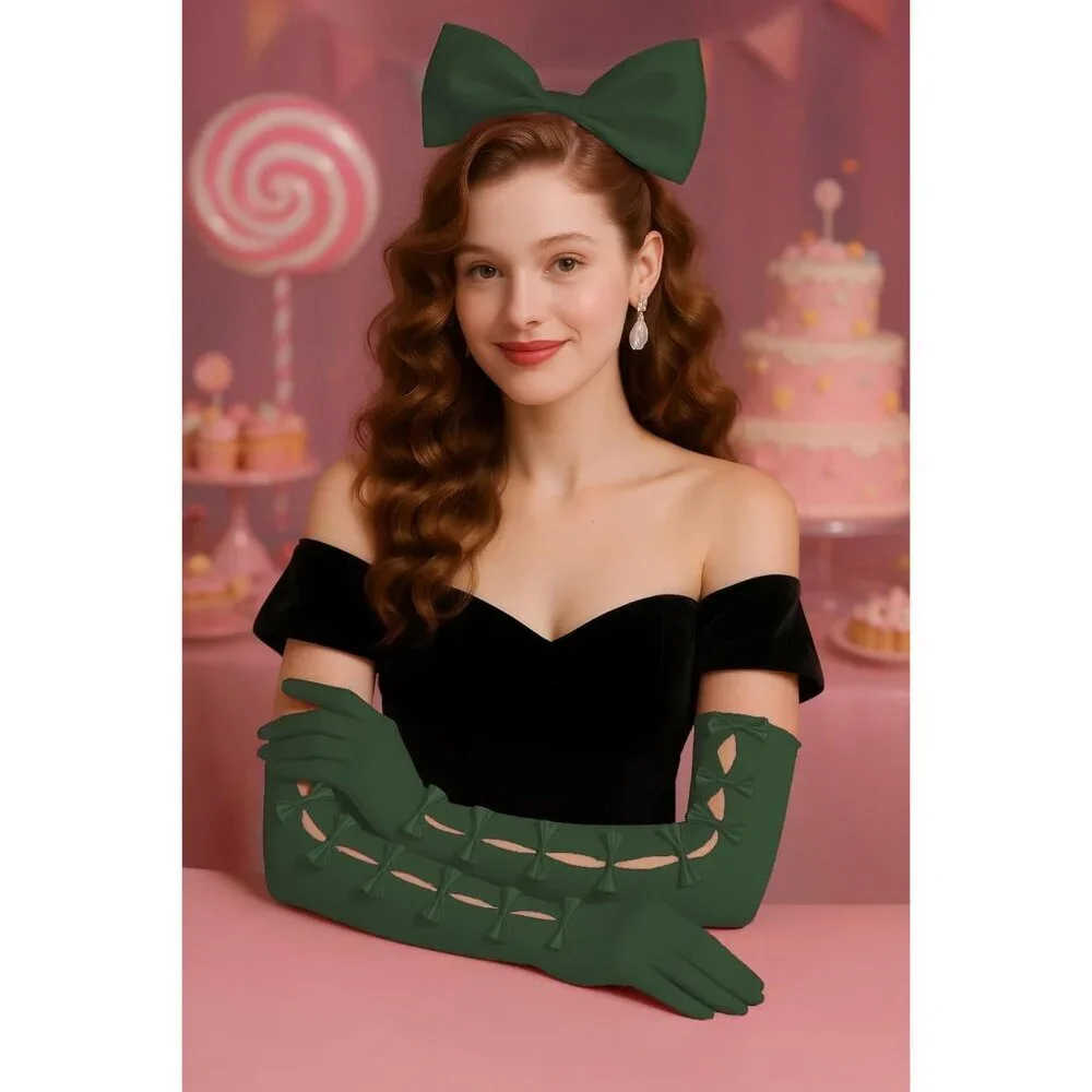 Women's Princess Green Long Sleeves Gloves Bow Lace Mesh Tulle Party Prom